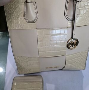 Michael Kors Cream Patchwork Croc-Embossed Tote with Gold Charm Set